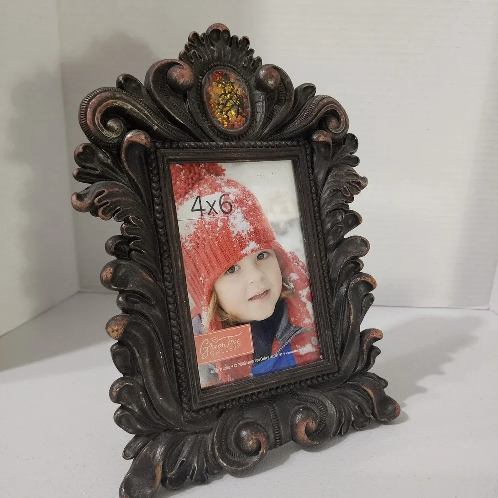 Green Tree Gallery Ornate Baroque 4x6 Photo Frame Bronze Faux Amber Jewel Gothic